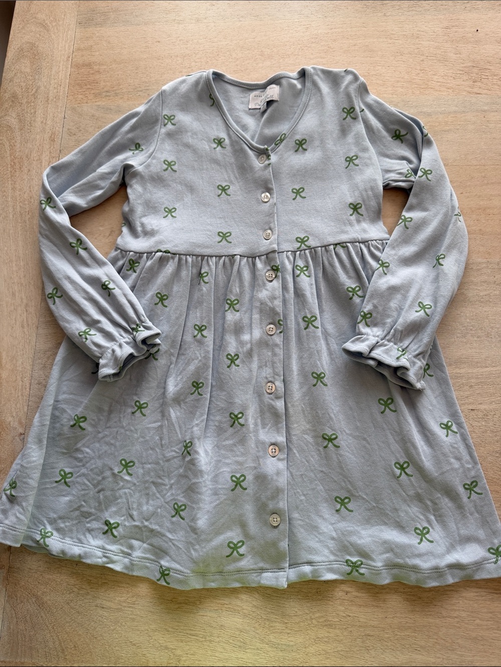 Little paper doll Pale Blue Button-Front Dress with Green Bow Print